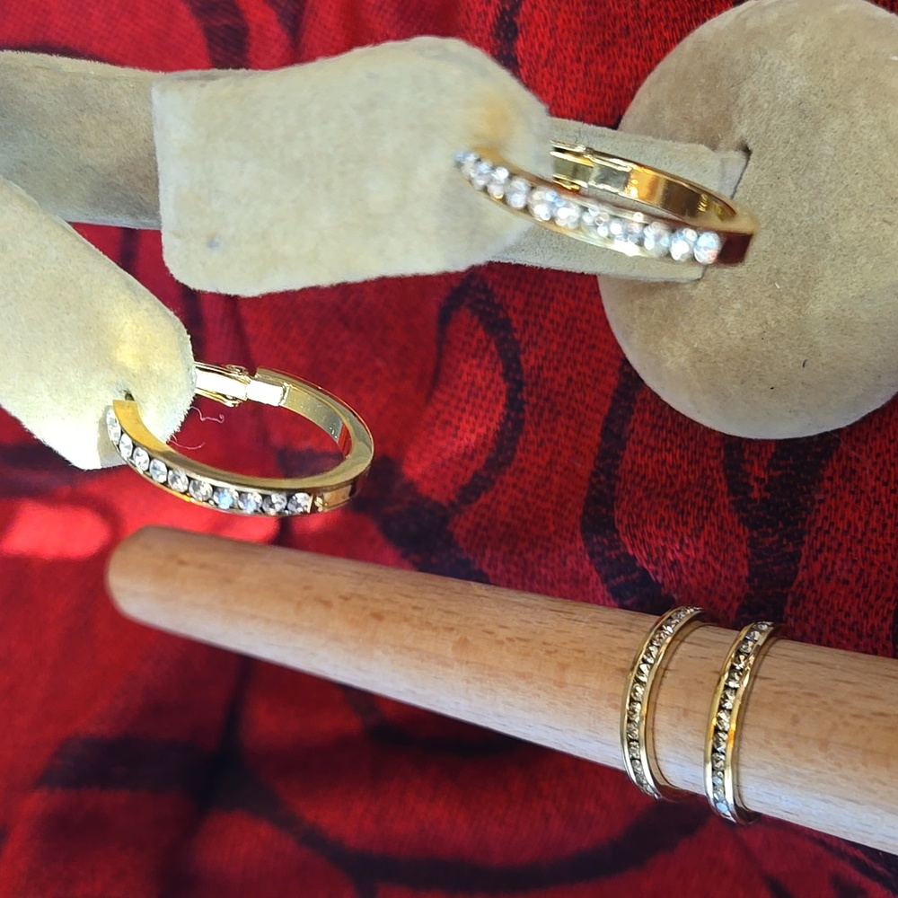 Gold tone, channel set cz look, pierced Hoop Earrings + two eternity band Rings